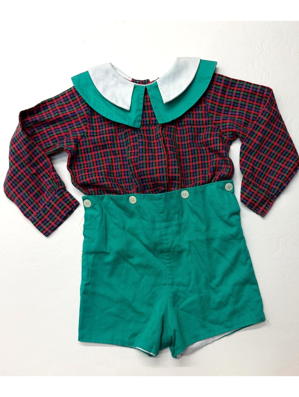 Vintage Plaid Red Green Collared Two Piece Boys Romper Jon Jon Christmas